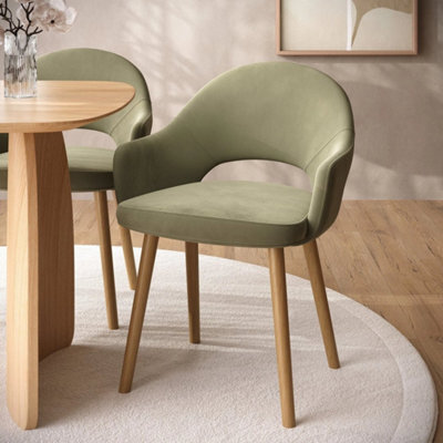 Set Of 2 Sage Green Velvet Dining Chairs With Oak Legs - image 1