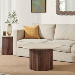 Furniturebox Uk Penrose Round Walnut & Cream Marble Effect Coffee Table - thumbnail 5
