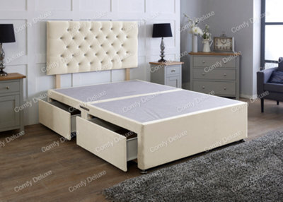 Comfy Deluxe 4Ft6 Cream Plush Double Divan Bed Base With Headboard 4 Drawers