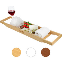 Homiu Bamboo Bath Caddy Tray Bridge Natural Brown Bathtub Tray Rack Tidy Bathroom Shelf Organizer Storage - thumbnail 7