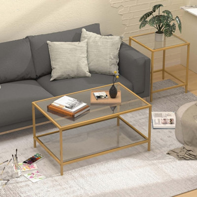 Huhote Elegant Nesting Tables 2 Set With Gold Frame Glass Top Diameter 60/40 Cm For Living Room Bedroom Balcony Office Side Table - image 1