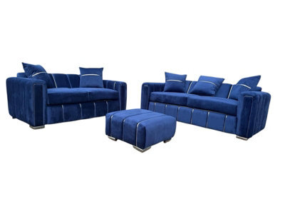 Monaco Luxe Navy Blue Velvet / 3+2 Seater Sofa Set With Footstool / With Chrome Detailing - image 1