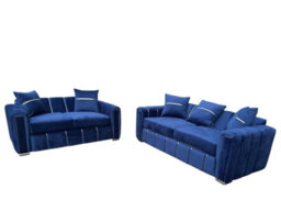 Monaco Luxe Navy Blue Velvet / 3+2 Seater Sofa Set With Footstool / With Chrome Detailing - thumbnail 2