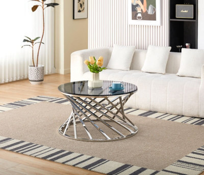 Comfy Living Round Geometric Design Silver Metal Coffee Table With Tinted Glass Tempered Top - image 1