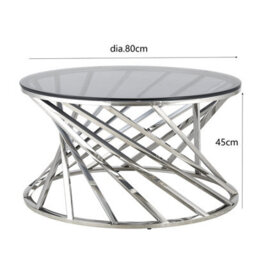 Comfy Living Round Geometric Design Silver Metal Coffee Table With Tinted Glass Tempered Top - thumbnail 2