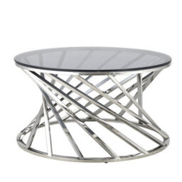 Comfy Living Round Geometric Design Silver Metal Coffee Table With Tinted Glass Tempered Top - thumbnail 3