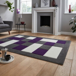 Grey Purple Modern Easy To Clean Bordered Chequered Geometric Rug For Dining Room-80Cm X 150Cm - thumbnail 2