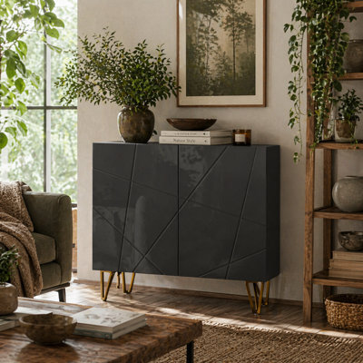 Wyld Haus Diro High Gloss Black Sideboard With Geometric Line Indents And Gold Hairpin Legs - 80X40X75Cm - image 1