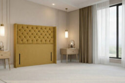 "Nexus Windsor Mustard Plush Divan Bed Base No Drawers With 54"" Floor Standing Winged Headboard 5' King" - thumbnail 5
