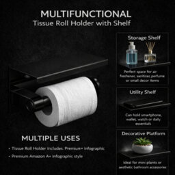 Billtix Toilet Roll Holder Wall Mounted With Shelf Stainless Steel Toilet Paper Holder Bathroom Tissue Roll Storage Black - thumbnail 4