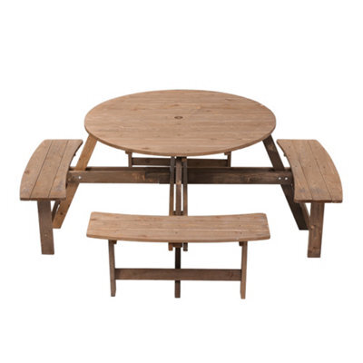Living And Home Wooden Garden Picnic Table And 4 Bench Set Outdoor 8 Seat Round Table Bench Set - image 1