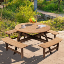 Living And Home Wooden Garden Picnic Table And 4 Bench Set Outdoor 8 Seat Round Table Bench Set - thumbnail 2