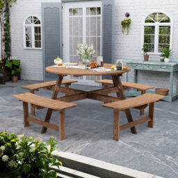 Living And Home Wooden Garden Picnic Table And 4 Bench Set Outdoor 8 Seat Round Table Bench Set - thumbnail 3