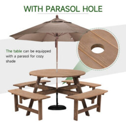 Living And Home Wooden Garden Picnic Table And 4 Bench Set Outdoor 8 Seat Round Table Bench Set - thumbnail 4