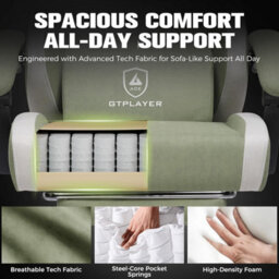 Gtplayer Fabric Gaming Chair With Footrest, Ergonomic Computer Desk Chair With Pocket Spring Cushion Home Office Chair, Green - thumbnail 5