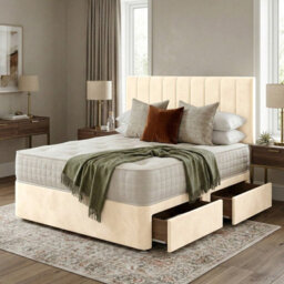 Adore Designs Portland Plush Velvet Divan Bed, Headboard - 5Ft Kingsize - Cream - 2 Drawers Foot End - thumbnail 1