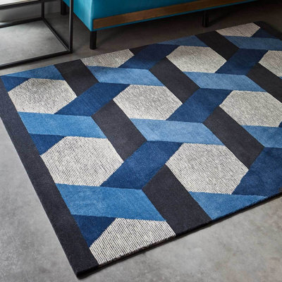 Blue Wool Luxurious Modern Geometric Rug Easy To Clean Living Room And Bedroom-160Cm X 230Cm - image 1