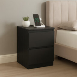 Home Treats Bedside Table Black 2 Drawer Nightstand Table With 2 Uk Plugs Usb A And Usb C Chest Of Drawers 2M Cable - thumbnail 1