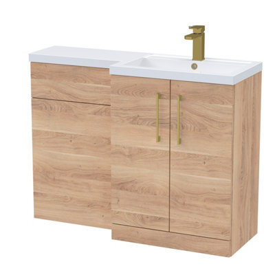 Balterley Right-Hand Bathroom Vanity And Wc Unit Combination With Basin - 1100mm - Woodgrain Light Oak With Brushed Brass Handles - image 1