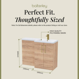 Balterley Right-Hand Bathroom Vanity And Wc Unit Combination With Basin - 1100mm - Woodgrain Light Oak With Brushed Brass Handles - thumbnail 5