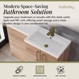 Balterley Right-Hand Bathroom Vanity And Wc Unit Combination With Basin - 1100mm - Woodgrain Light Oak With Brushed Brass Handles - thumbnail 2