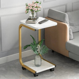 Gold End Table Shelf Rack Living Room Rolling Square Small Side Table C Shape - thumbnail 3