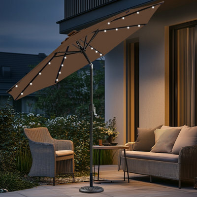 Sundaze Coffee 2.7M  Round Garden Parasol Umbrella Outdoor Patio Solar Led Lights Crank Tilt With Base - image 1