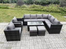 Fimous 10 Seater Rattan Corner Sofa Lounge Sofa Set With Rectangular Coffee Table 2 Stool Dark Grey Mixed Right Hand - thumbnail 1