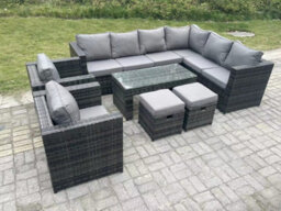 Fimous 10 Seater Rattan Corner Sofa Lounge Sofa Set With Rectangular Coffee Table 2 Stool Dark Grey Mixed Right Hand - thumbnail 2