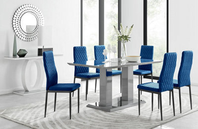 Furniturebox Uk Imperia 6 Grey Dining Table And 6 Navy Velvet Milan Black Leg Chairs - image 1