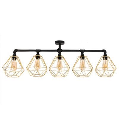 Valuelights Luiggi Industrial 5 Way Satin Black Pipework Ceiling Light With Gold Cage Shades - image 1