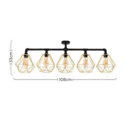 Valuelights Luiggi Industrial 5 Way Satin Black Pipework Ceiling Light With Gold Cage Shades - thumbnail 7