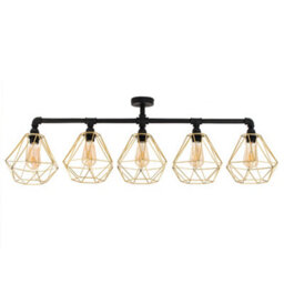 Valuelights Luiggi Industrial 5 Way Satin Black Pipework Ceiling Light With Gold Cage Shades