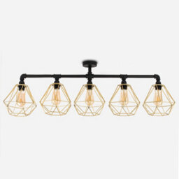 Valuelights Luiggi Industrial 5 Way Satin Black Pipework Ceiling Light With Gold Cage Shades - thumbnail 4