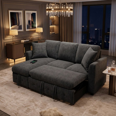 Fenchilin 3-Seater Sofa Bed With Pull-Out Sleeper L-Shaped Sectional Sofa With Storage Chaise Lounge Chenille Grey - image 1