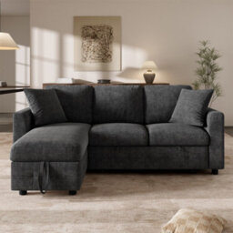 Fenchilin 3-Seater Sofa Bed With Pull-Out Sleeper L-Shaped Sectional Sofa With Storage Chaise Lounge Chenille Grey - thumbnail 9