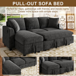 Fenchilin 3-Seater Sofa Bed With Pull-Out Sleeper L-Shaped Sectional Sofa With Storage Chaise Lounge Chenille Grey - thumbnail 3
