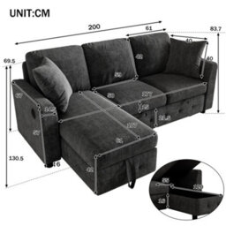 Fenchilin 3-Seater Sofa Bed With Pull-Out Sleeper L-Shaped Sectional Sofa With Storage Chaise Lounge Chenille Grey - thumbnail 7