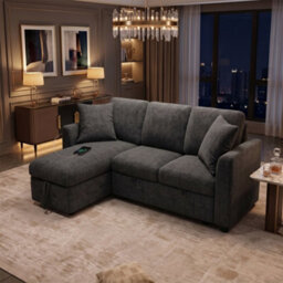 Fenchilin 3-Seater Sofa Bed With Pull-Out Sleeper L-Shaped Sectional Sofa With Storage Chaise Lounge Chenille Grey - thumbnail 2