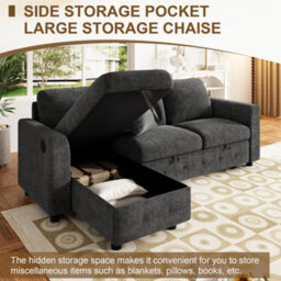 Fenchilin 3-Seater Sofa Bed With Pull-Out Sleeper L-Shaped Sectional Sofa With Storage Chaise Lounge Chenille Grey - thumbnail 4