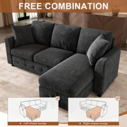 Fenchilin 3-Seater Sofa Bed With Pull-Out Sleeper L-Shaped Sectional Sofa With Storage Chaise Lounge Chenille Grey - thumbnail 6