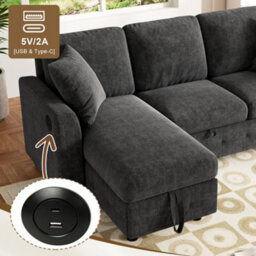Fenchilin 3-Seater Sofa Bed With Pull-Out Sleeper L-Shaped Sectional Sofa With Storage Chaise Lounge Chenille Grey - thumbnail 5