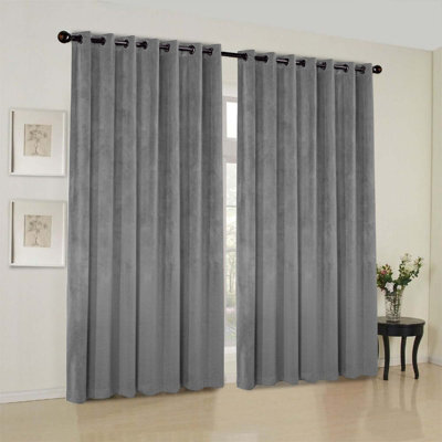 Oxford Homeware Eyelet Velvet Curtains Grey Fully Lined Blackout Thermal Insulated Eyelet Curtains Pair (W)168Cm X (L)183Cm - image 1