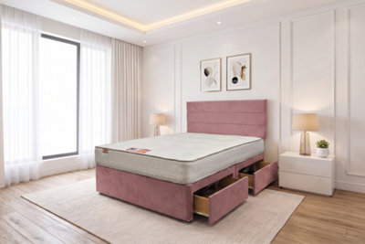 Knight Sleep York Pink Plush 6Ft Hybrid Sprung Orthopaedic Divan Bed Set 2 Drawers With Upholstered Headboard - Super King - image 1