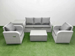 Fimous Pe Rattan Garden Furniture Set Reclining Chair Lounge Sofa Set Oblong Coffee Table Side Table Light Grey - thumbnail 1