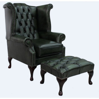 Chesterfield High Back Wing Chair + Footstool Antique Green Leather In Queen Anne Style - image 1