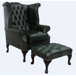 Chesterfield High Back Wing Chair + Footstool Antique Green Leather In Queen Anne Style - thumbnail 1