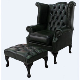 Chesterfield High Back Wing Chair + Footstool Antique Green Leather In Queen Anne Style - thumbnail 2