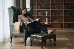 Chesterfield High Back Wing Chair + Footstool Antique Green Leather In Queen Anne Style - thumbnail 3