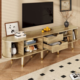 Btm 175 Cm Tv Cabinet With Sliding Door, Light Wood, Countrystyle Mdf Tv Stand With Shelves, Drawer And  Cabinet - thumbnail 9